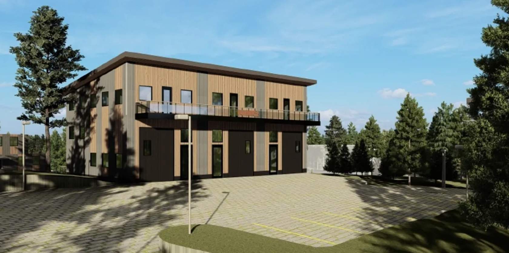 Architectural rendering of the Shophouse Park building, a two-story mixed-use structure with a rooftop deck