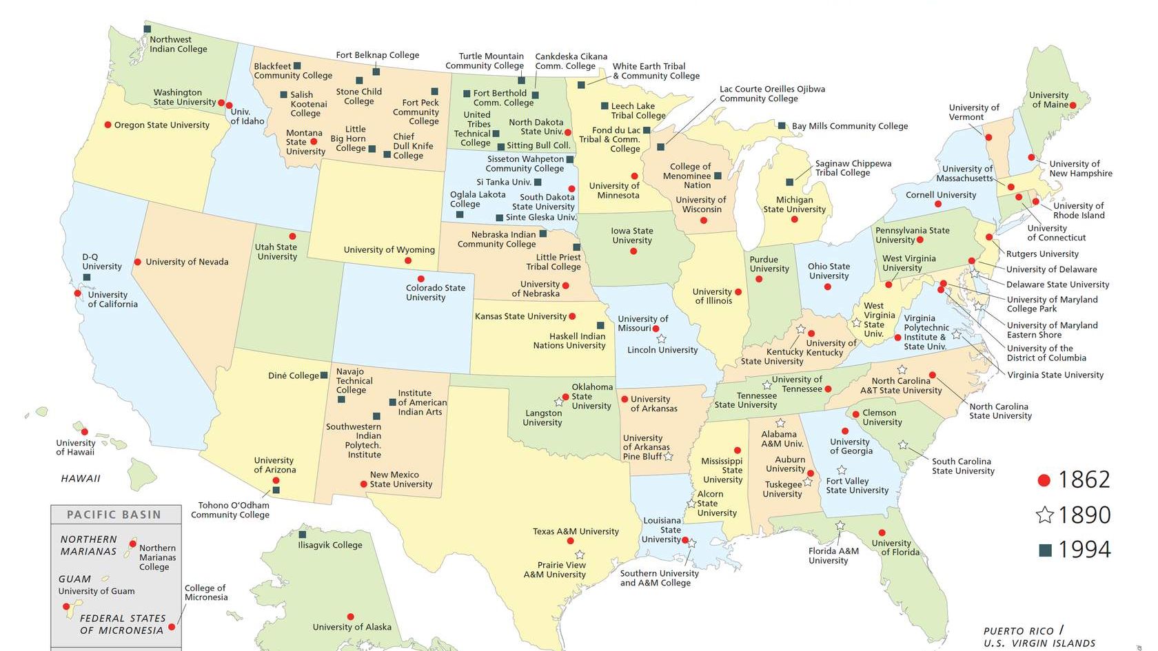 Map of the United States showing land-grant universities and colleges by founding act (1862, 1890, and 1994), including tribal colleges, across all states plus the Pacific Basin territories