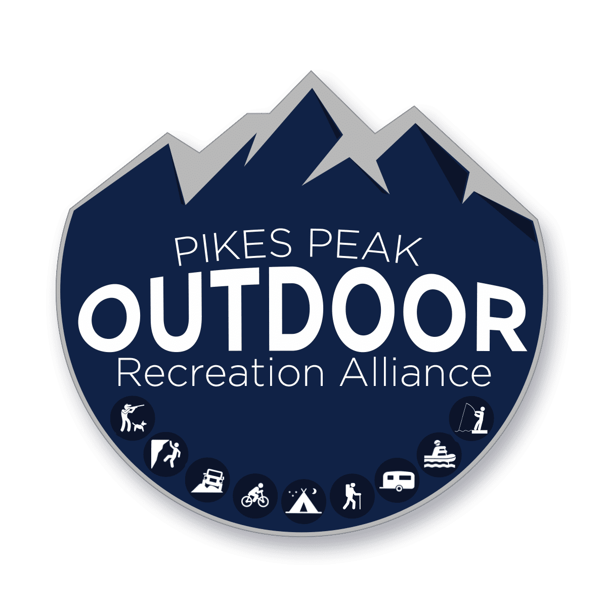 Pikes Peak Outdoor Recreation Alliance logo, with icons for shooting, climbing, off-roading, biking, camping, hiking, RVing, fishing, and boating
