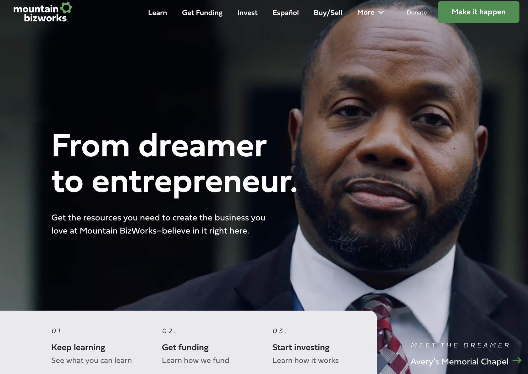 Screenshot of Mountain BizWorks website homepage: 'From dreamer to entrepreneur'