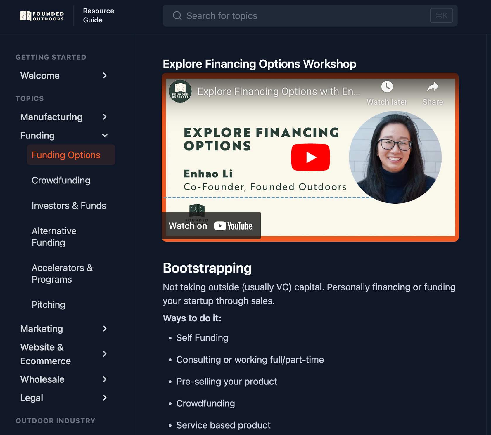 Screenshot of Founded Outdoors' resource guide website, showing the 'Explore Financing Options Workshop' page with a video and bootstrapping funding tips