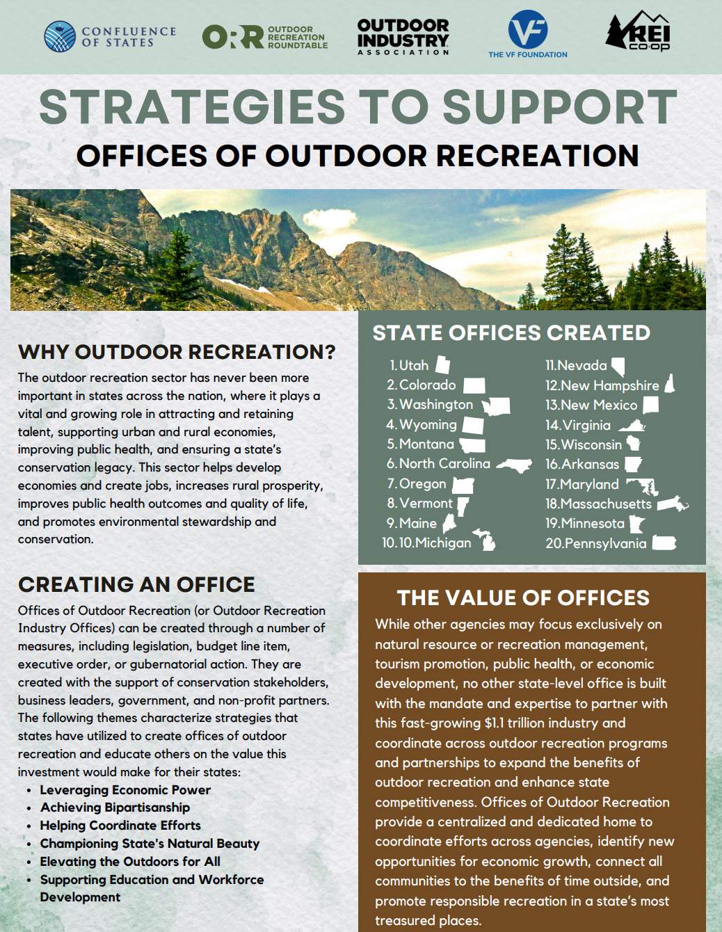 Infographic 'Strategies to Support Offices of Outdoor Recreation,' covering why to create one, how, a list of 20 states with offices already established, and their value