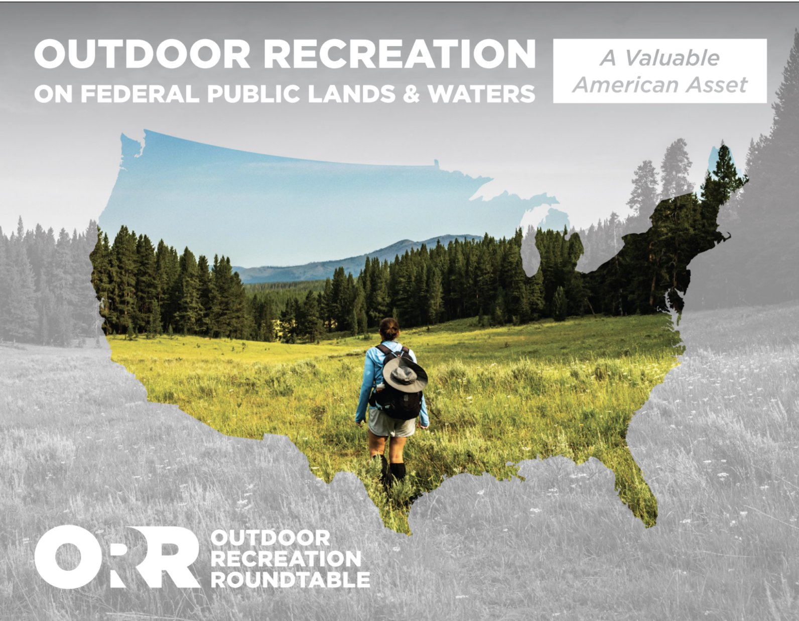 Cover of "Outdoor Recreation on Federal Public Lands & Waters: A Valuable American Asset," an ORR report — a hiker walking through a meadow, framed within a silhouette of the United States