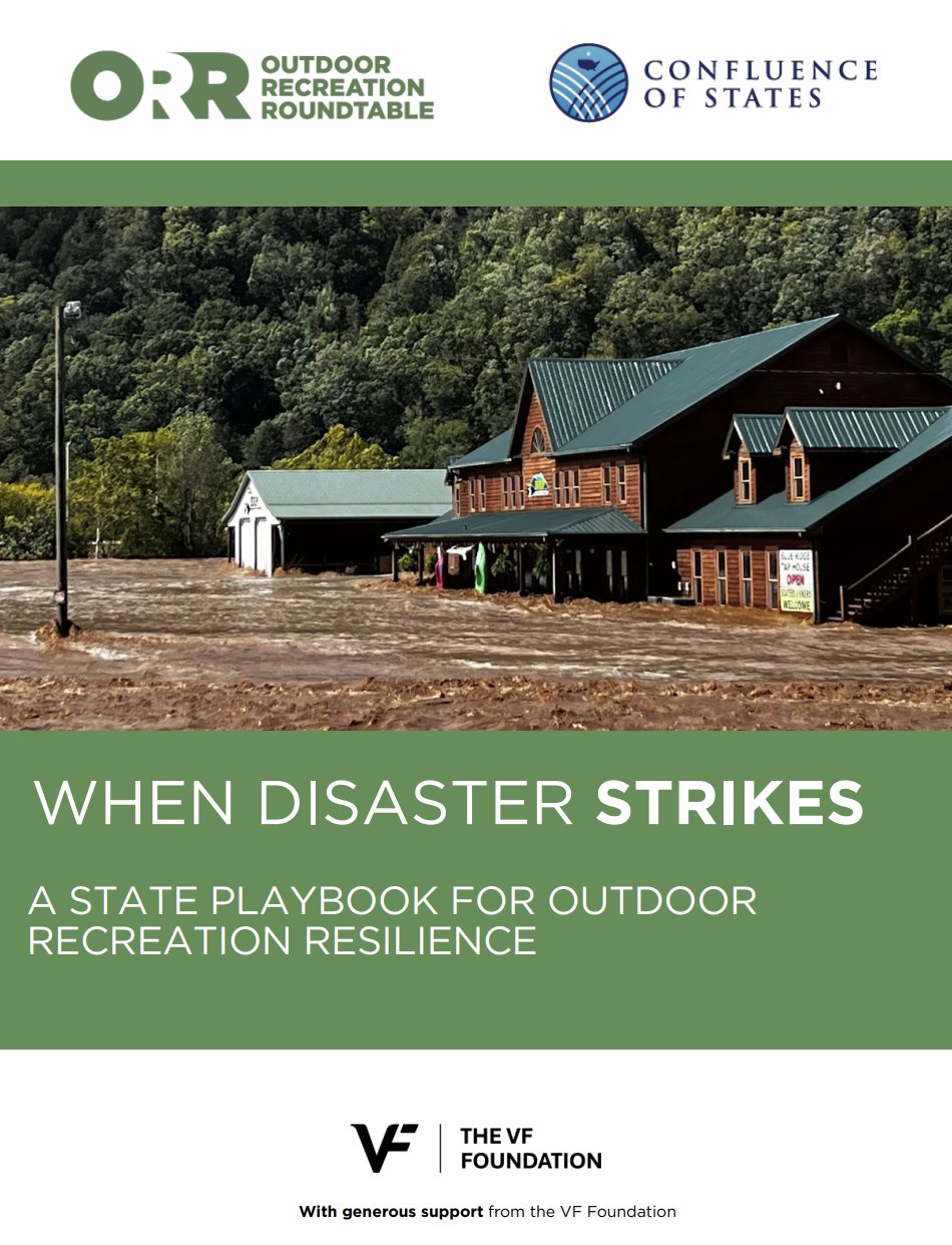 Cover of "When Disaster Strikes: A State Playbook for Outdoor Recreation Resilience," a report from ORR and the Confluence of States supported by the VF Foundation