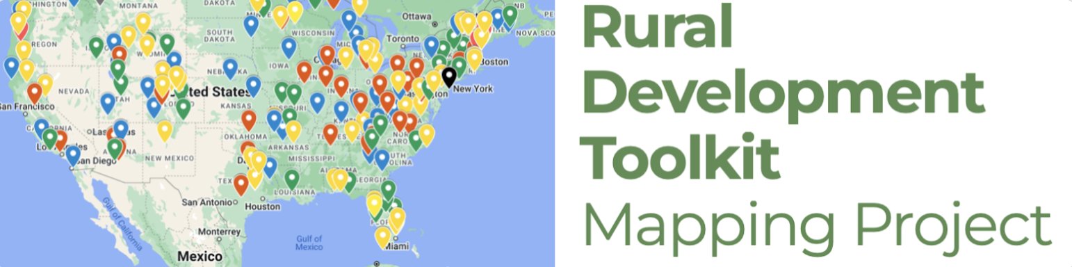 Rural Development Toolkit Mapping Project — a map of the United States with colored pins marking submitted community locations