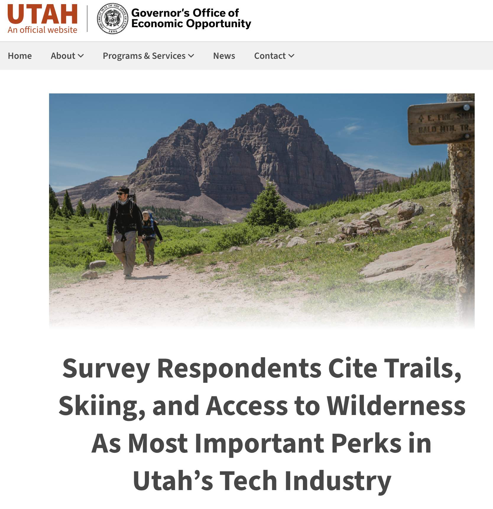 Screenshot of Utah Governor's Office of Economic Opportunity article: 'Survey Respondents Cite Trails, Skiing, and Access to Wilderness As Most Important Perks in Utah's Tech Industry'