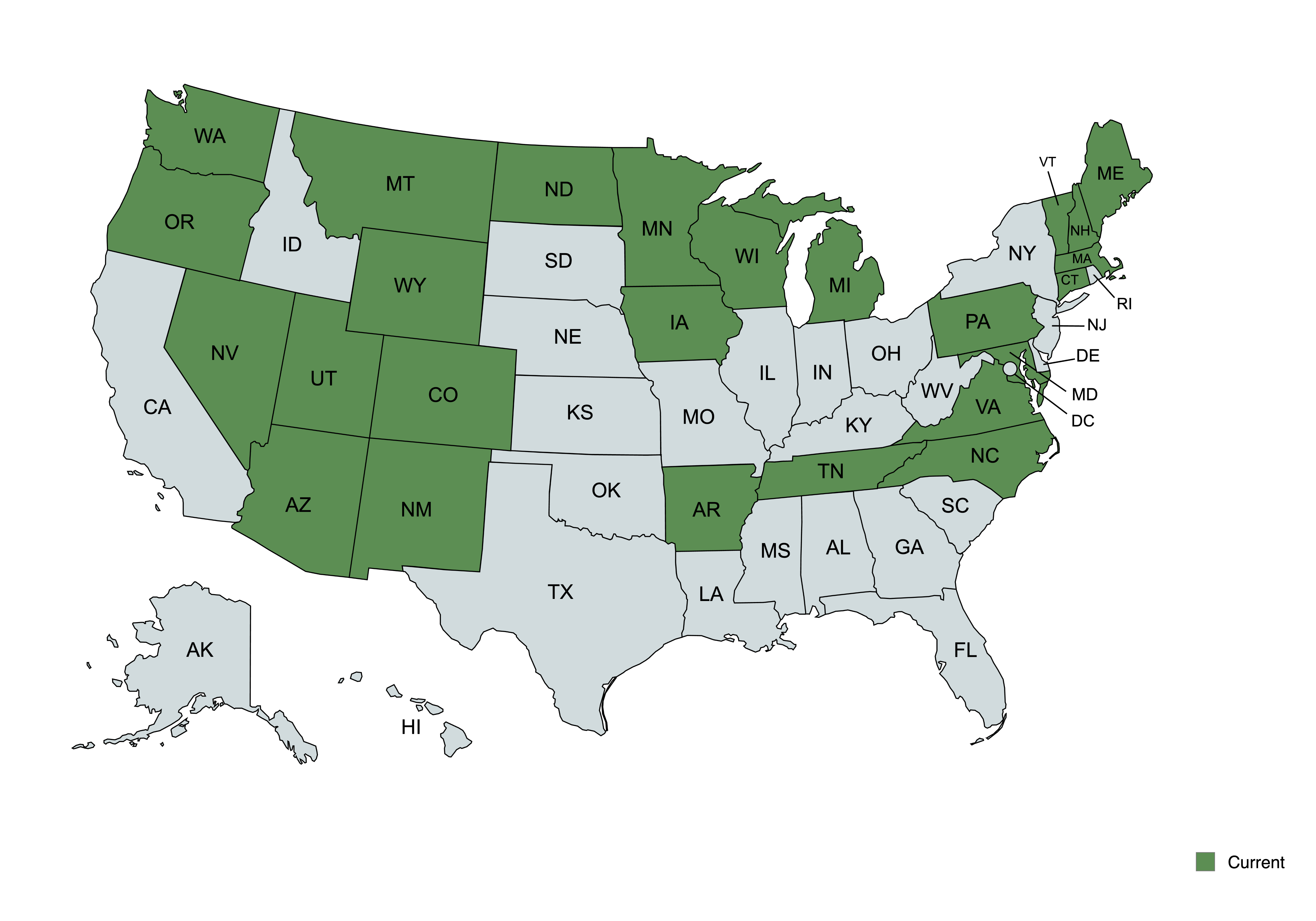 Map of the United States with each state that currently has an office of outdoor recreation highlighted in green.