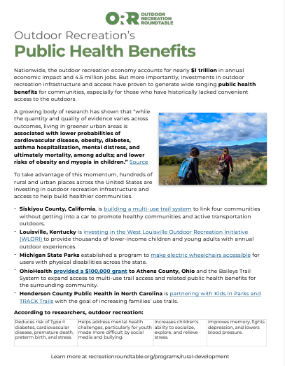 Cover of ORR's "Outdoor Recreation's Public Health Benefits" one-pager