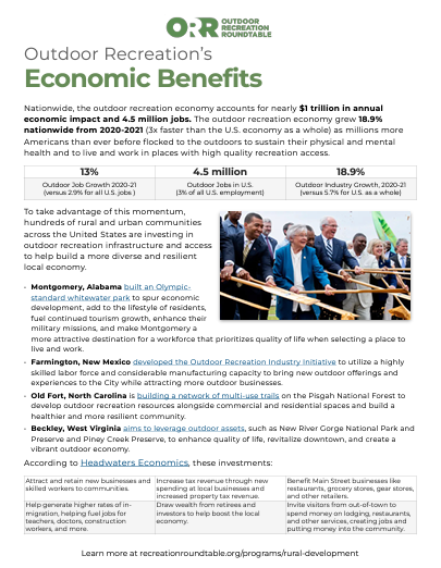Cover of ORR's "Outdoor Recreation's Economic Benefits" one-pager